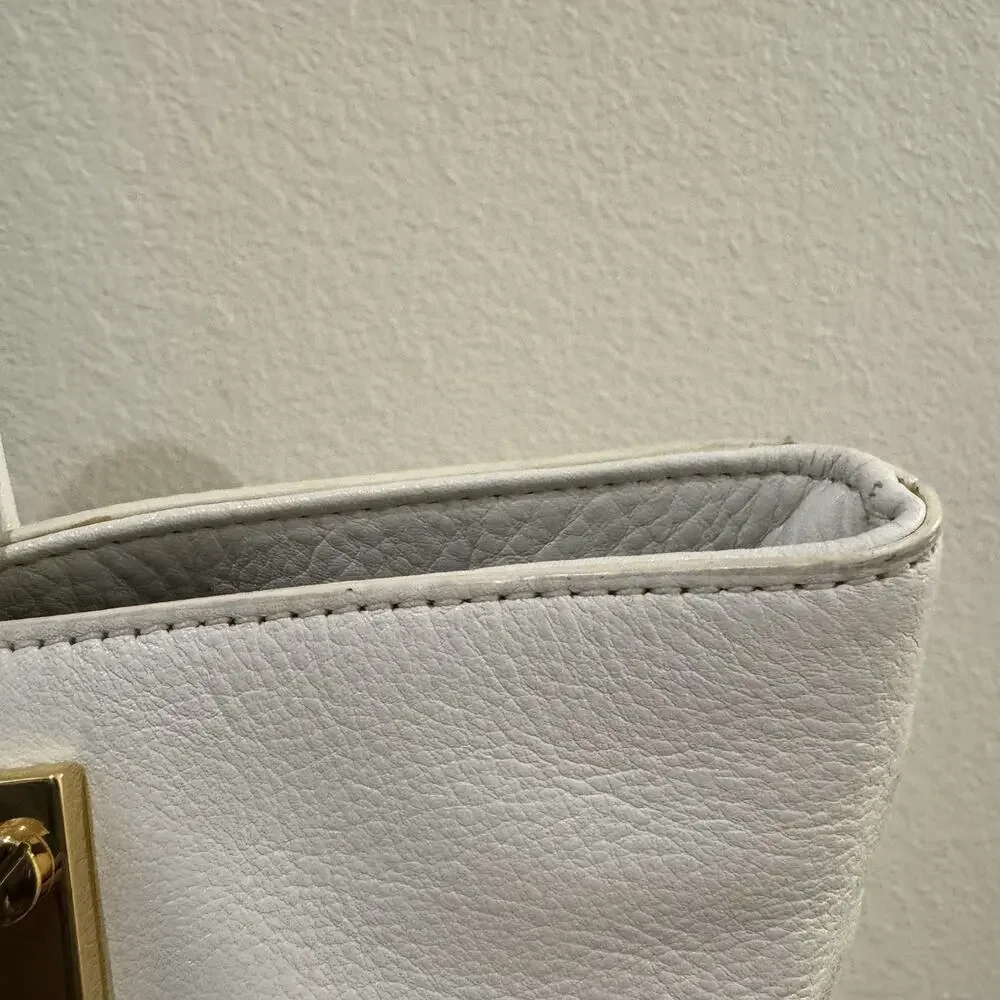 Tory Burch Gareth White Pebbled Leather Bucket Shoulder Tote Bag Gold Hardware